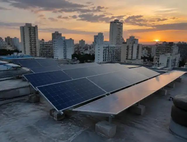 Vista aérea de painéis solares instalados em várias partes de uma cobertura urbana