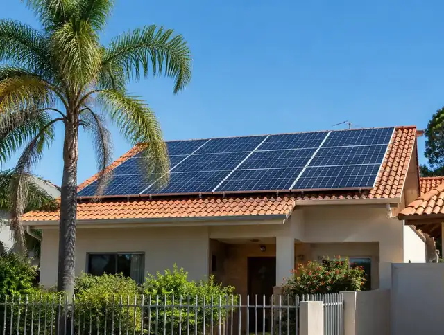 Vista aérea de painéis solares em telhado residencial cerâmico