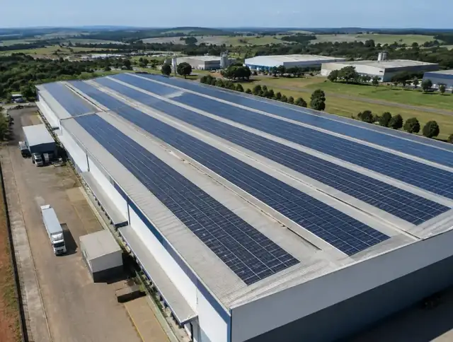 Painéis solares instalados sobre cobertura metálica de imóvel comercial