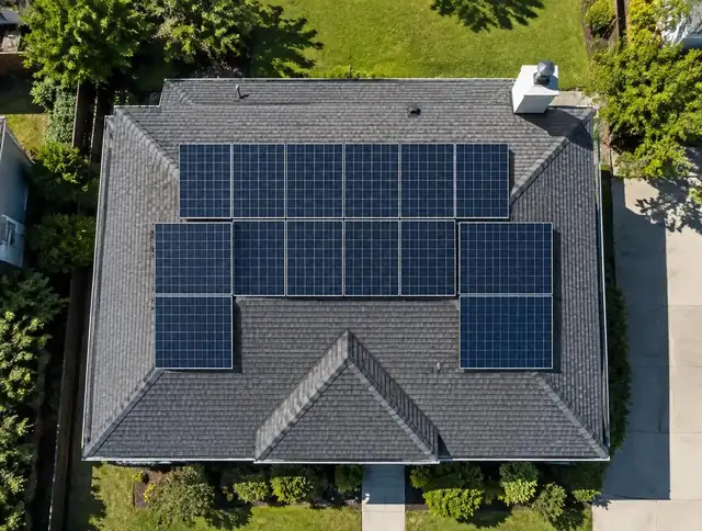 Vista aérea de módulos fotovoltaicos instalados em cobertura residencial clara